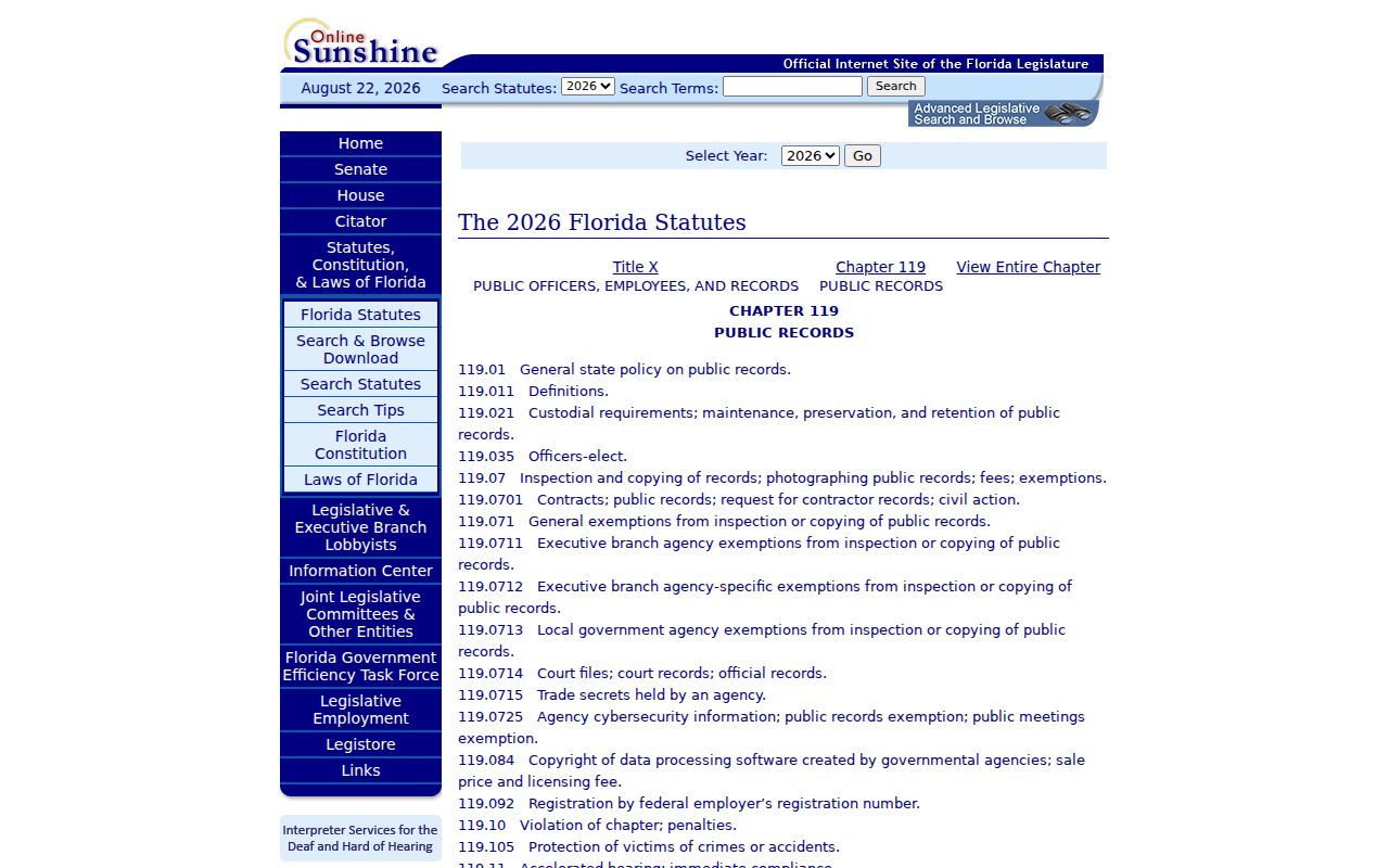 Florida Chapter 119 public records law for Palm Bay record requests