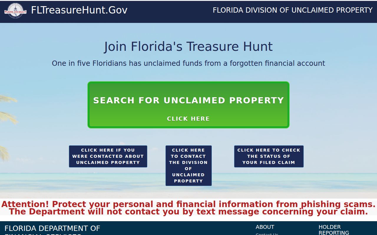 Florida Treasure Hunt name search for unclaimed property connected with Palm Bay