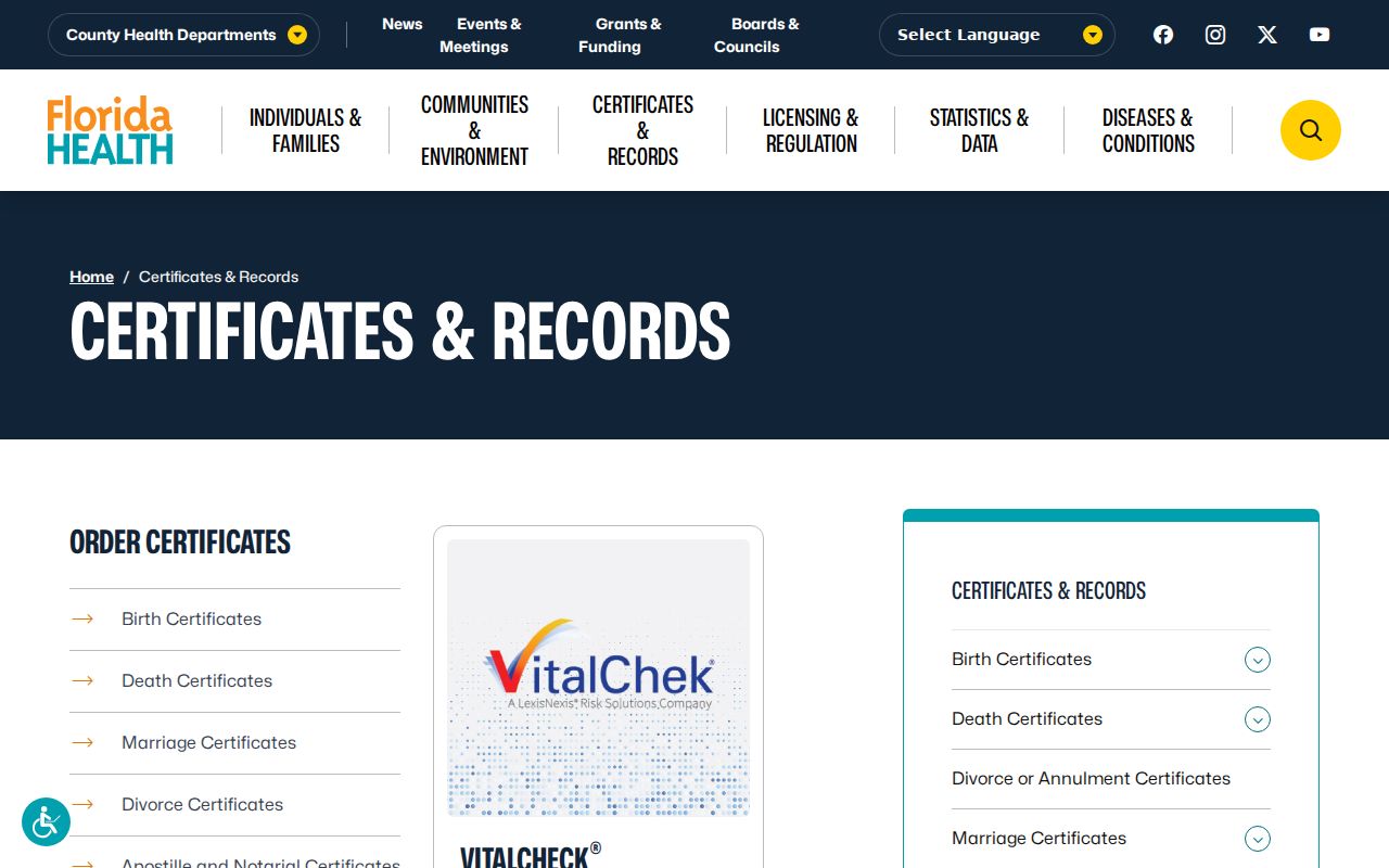 Florida vital records hub used for Palm Bay certificate requests