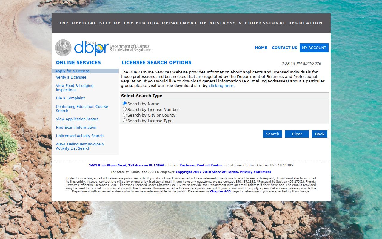 Palm Bay resident lookup through Florida DBPR license search
