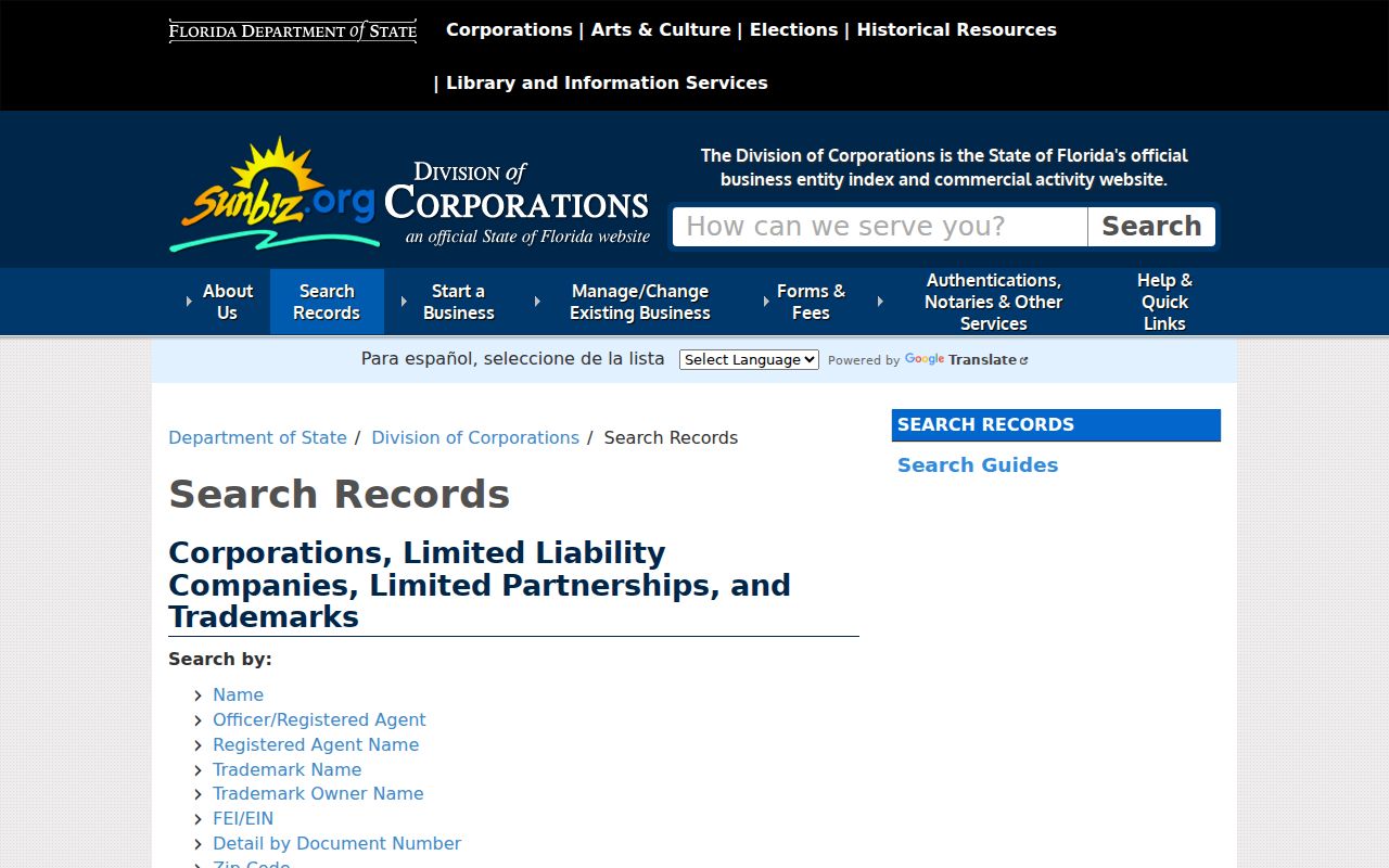 Palm Bay ZIP code directory search modes in Sunbiz